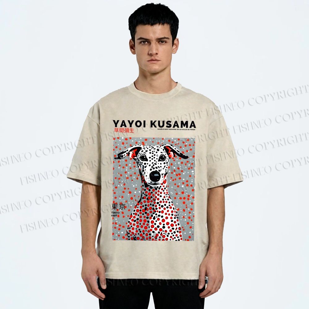 Unisex Yayoi Kusama Dog with Dots Printed Washed Tee