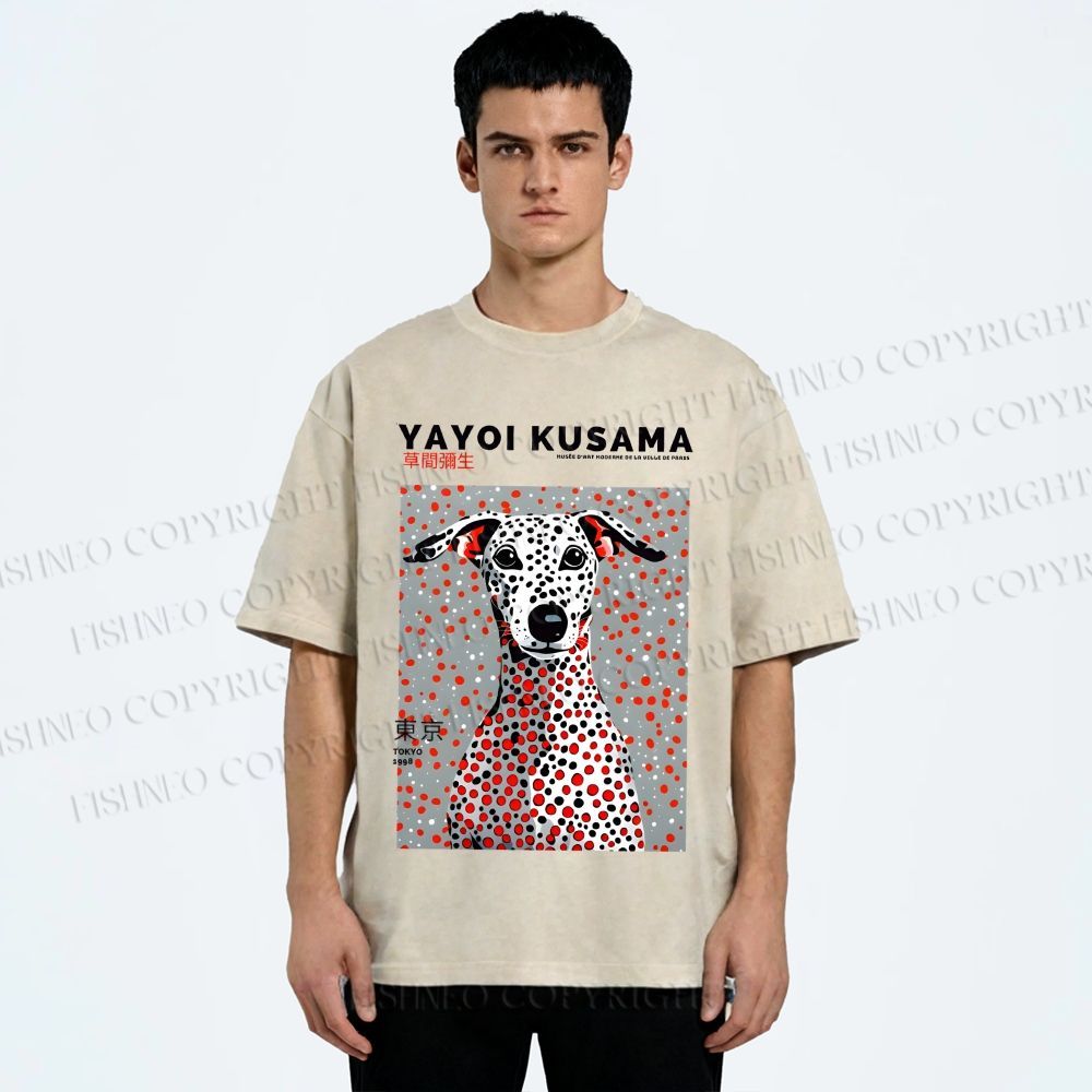 Unisex Yayoi Kusama Dog with Dots Printed Washed Tee