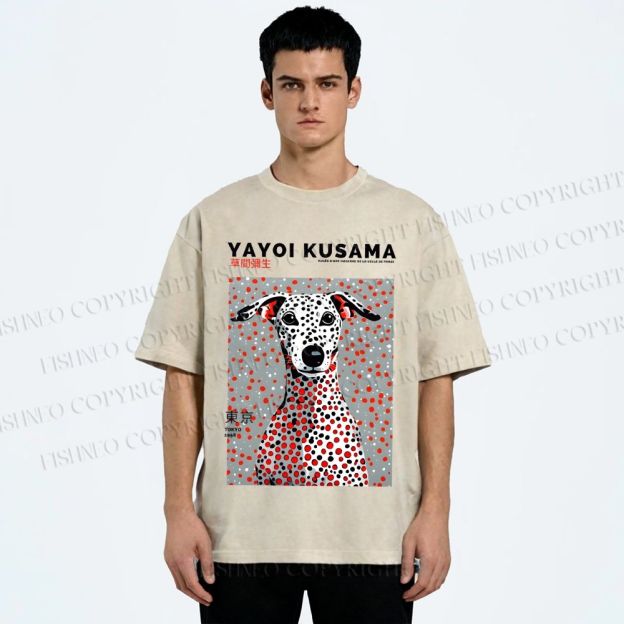 Unisex Yayoi Kusama Dog with Dots Printed Washed Tee