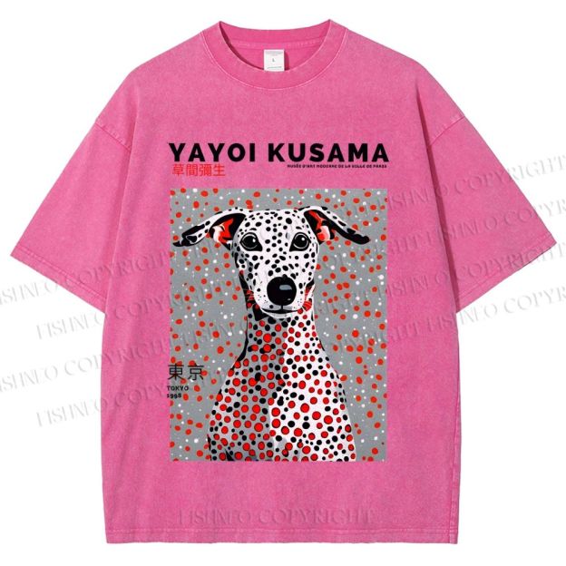 Unisex Yayoi Kusama Dog with Dots Printed Washed Tee