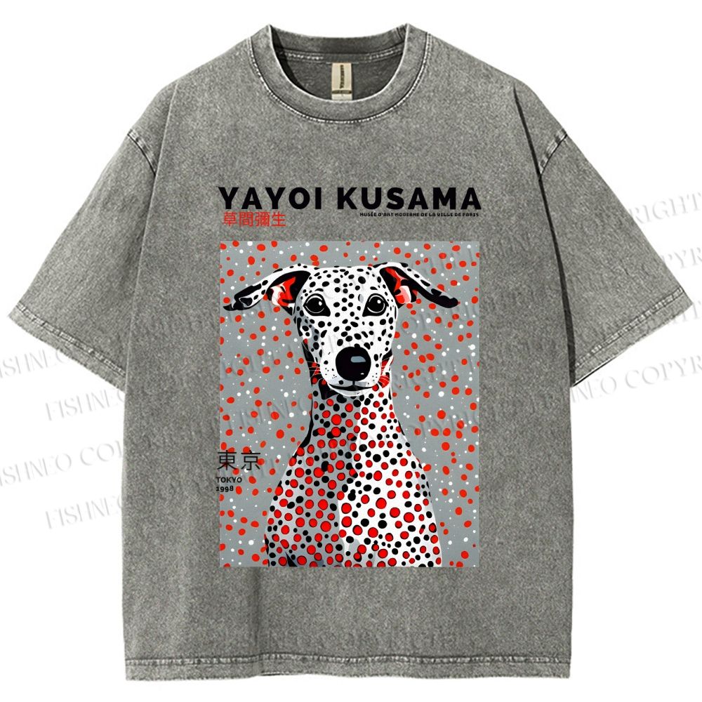 Unisex Yayoi Kusama Dog with Dots Printed Washed Tee