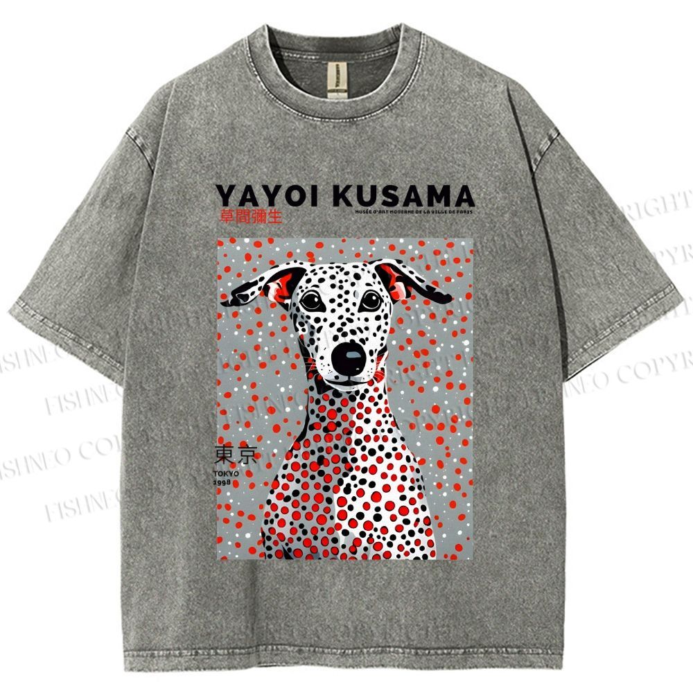 Unisex Yayoi Kusama Dog with Dots Printed Washed Tee