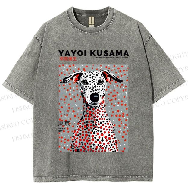 Unisex Yayoi Kusama Dog with Dots Printed Washed Tee