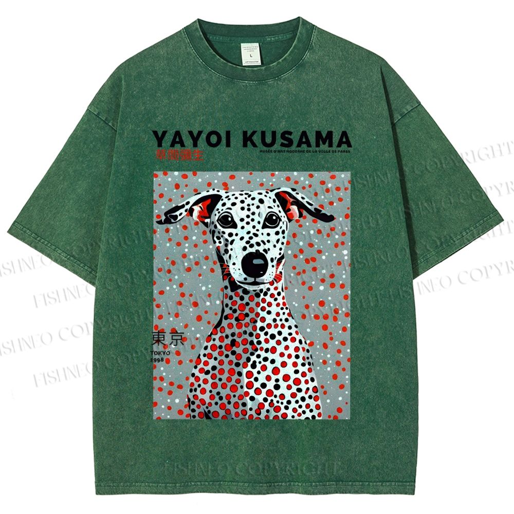 Unisex Yayoi Kusama Dog with Dots Printed Washed Tee