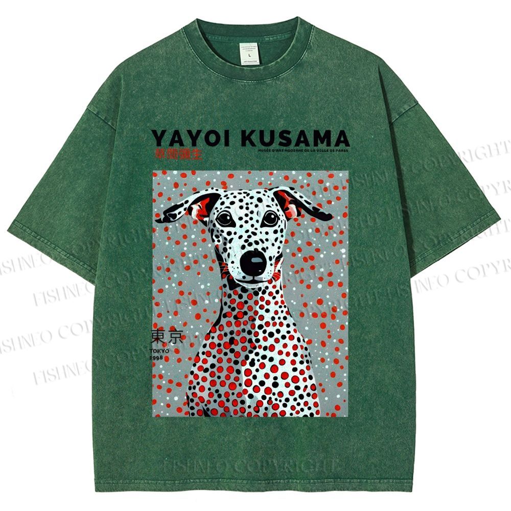 Unisex Yayoi Kusama Dog with Dots Printed Washed Tee