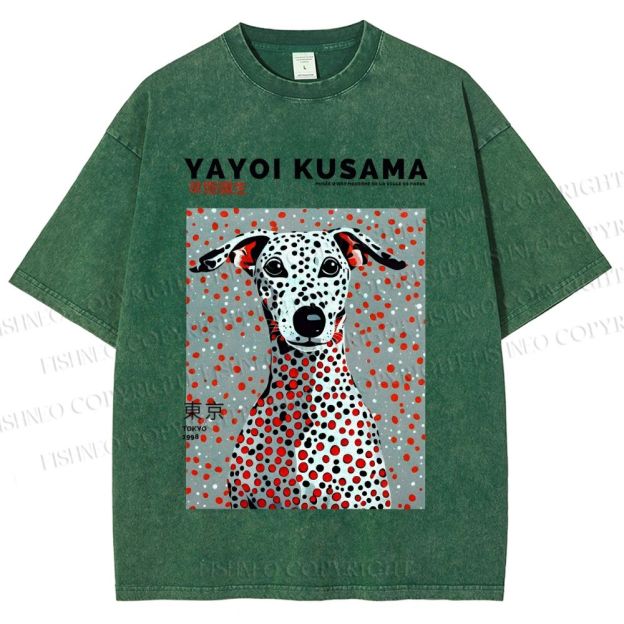 Unisex Yayoi Kusama Dog with Dots Printed Washed Tee