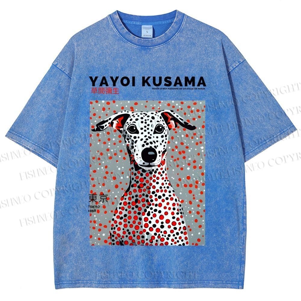 Unisex Yayoi Kusama Dog with Dots Printed Washed Tee
