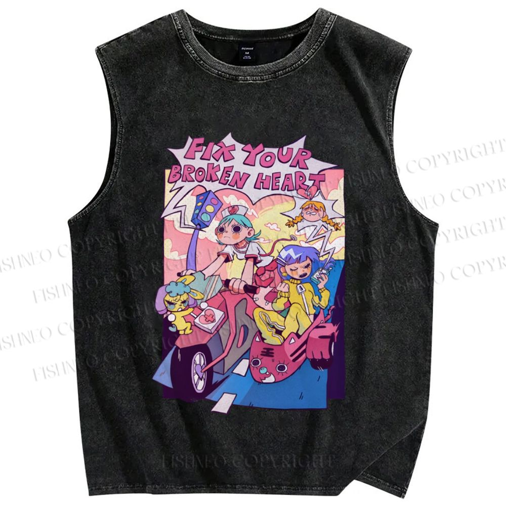 Unisex Cartoon Girls Fix Your Broken Heart Printed Washed Tank Top