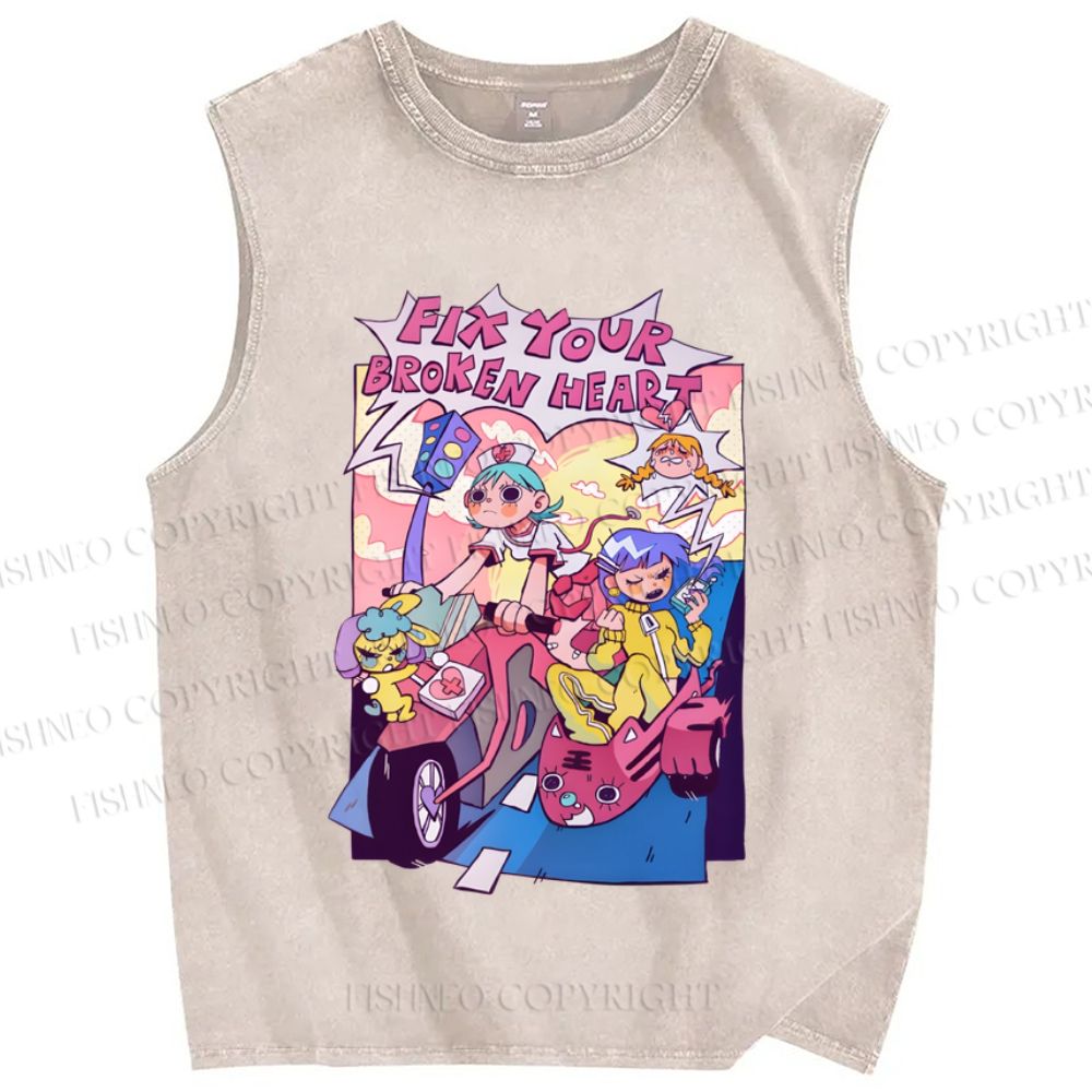 Unisex Cartoon Girls Fix Your Broken Heart Printed Washed Tank Top