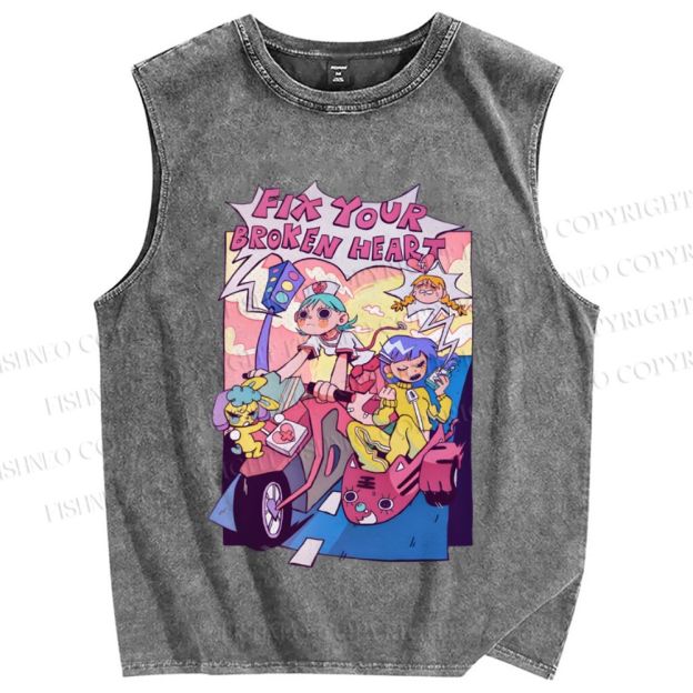 Unisex Cartoon Girls Fix Your Broken Heart Printed Washed Tank Top