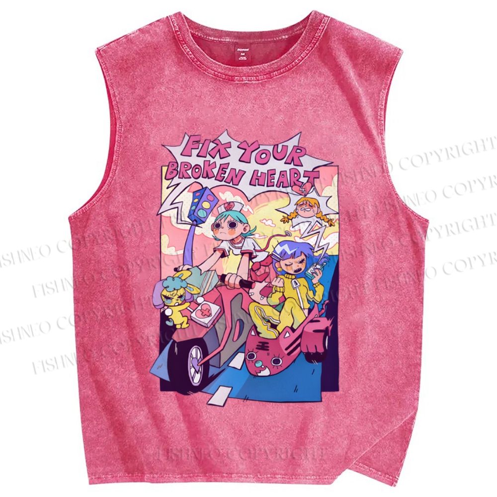 Unisex Cartoon Girls Fix Your Broken Heart Printed Washed Tank Top