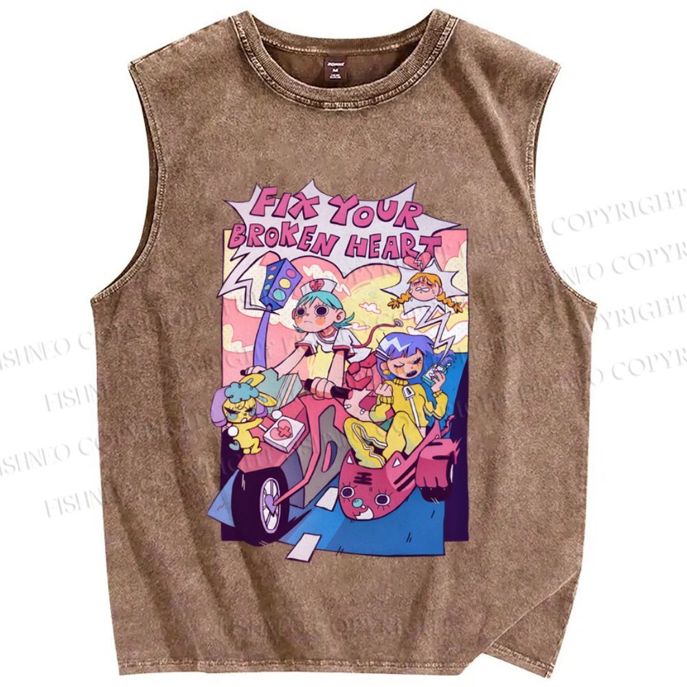 Unisex Cartoon Girls Fix Your Broken Heart Printed Washed Tank Top