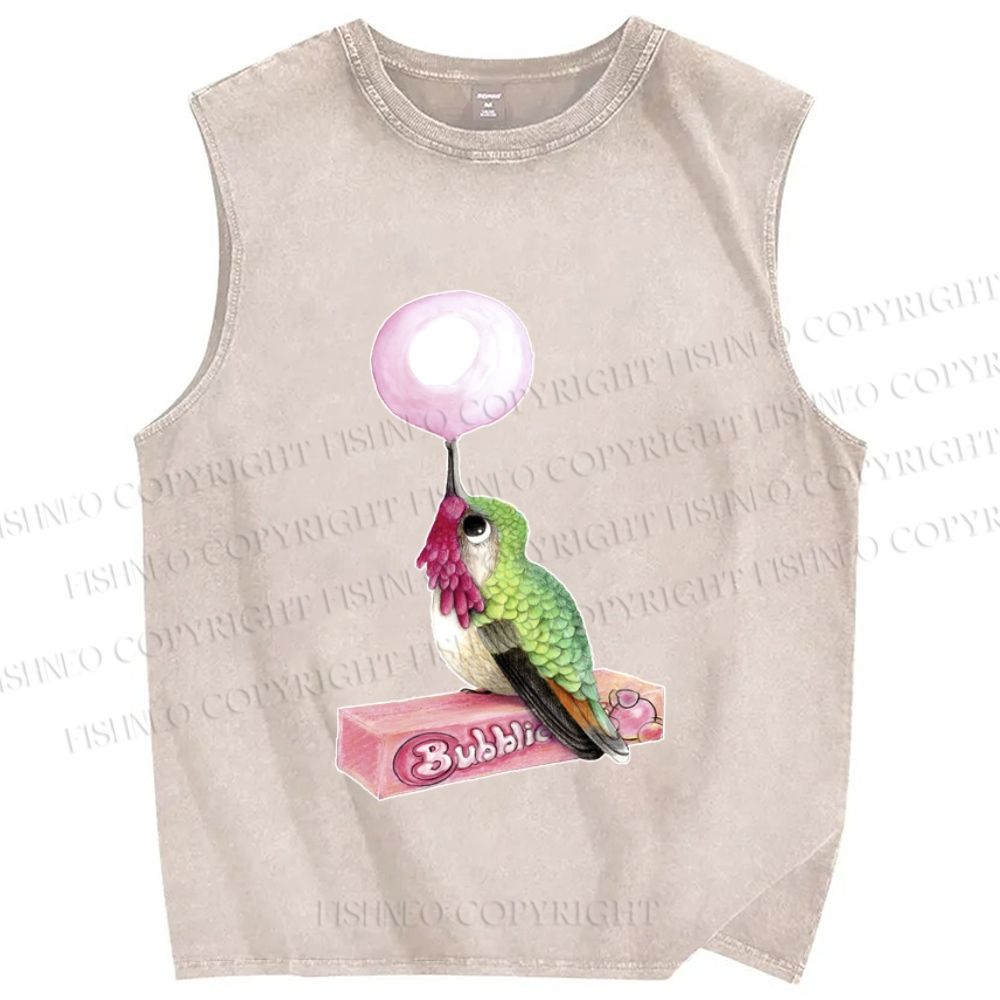 Unisex Funny Bird Make a Bubble Printed Washed Tank Top