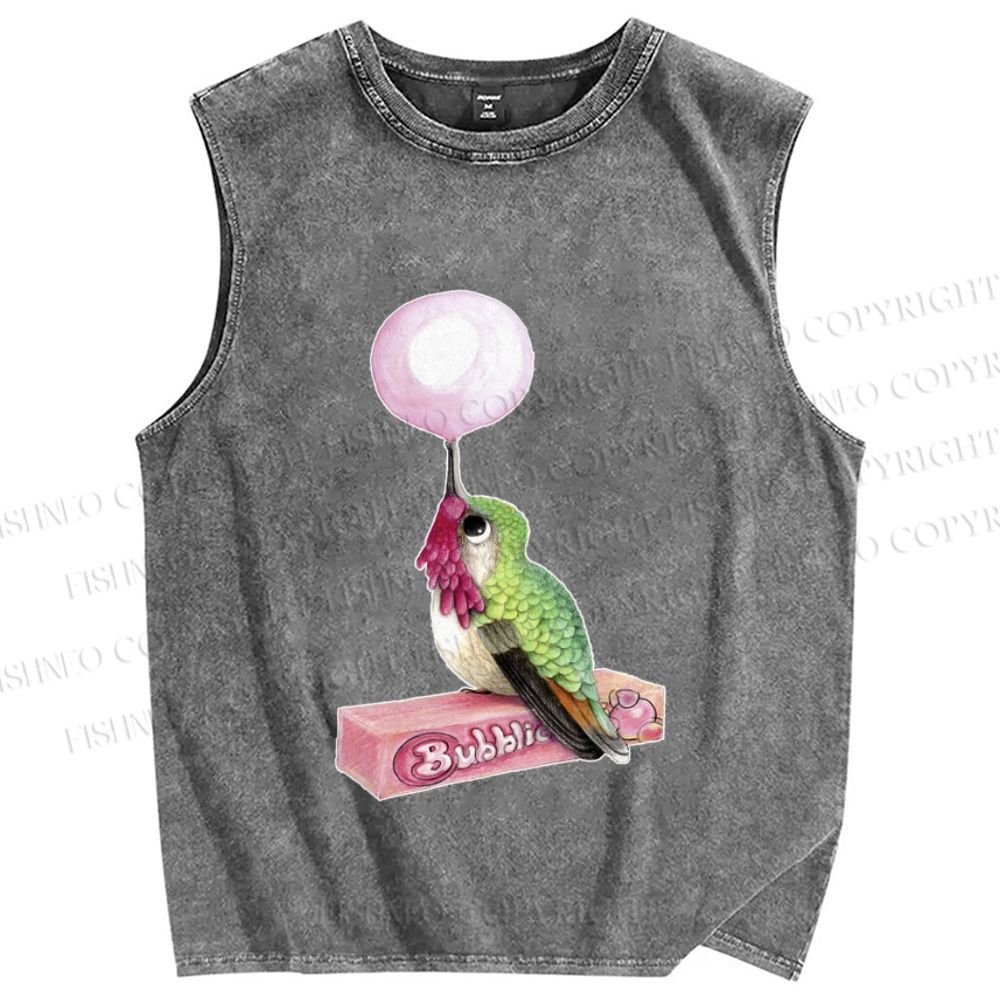 Unisex Funny Bird Make a Bubble Printed Washed Tank Top