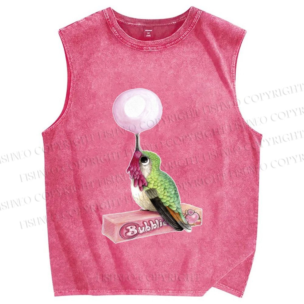 Unisex Funny Bird Make a Bubble Printed Washed Tank Top