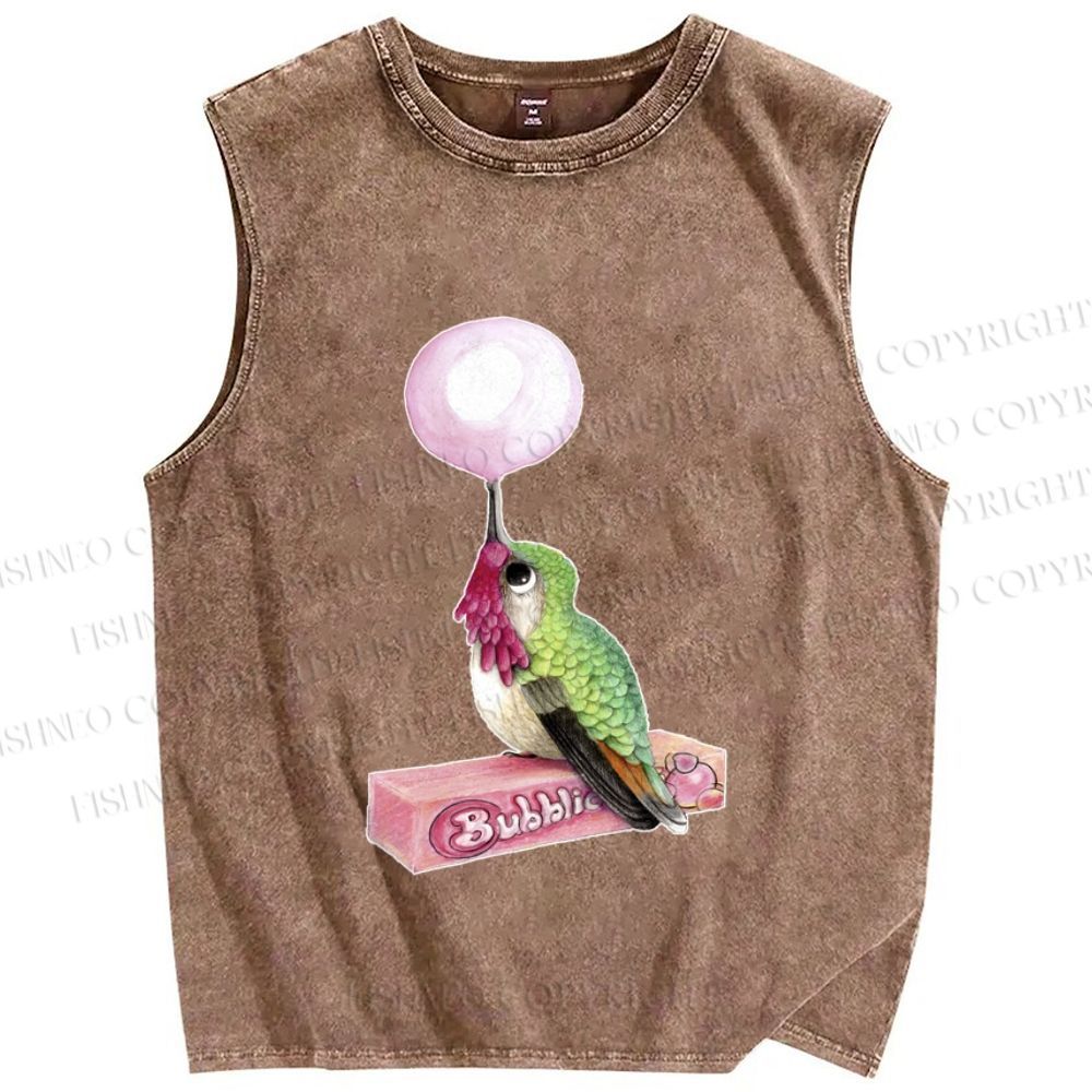 Unisex Funny Bird Make a Bubble Printed Washed Tank Top