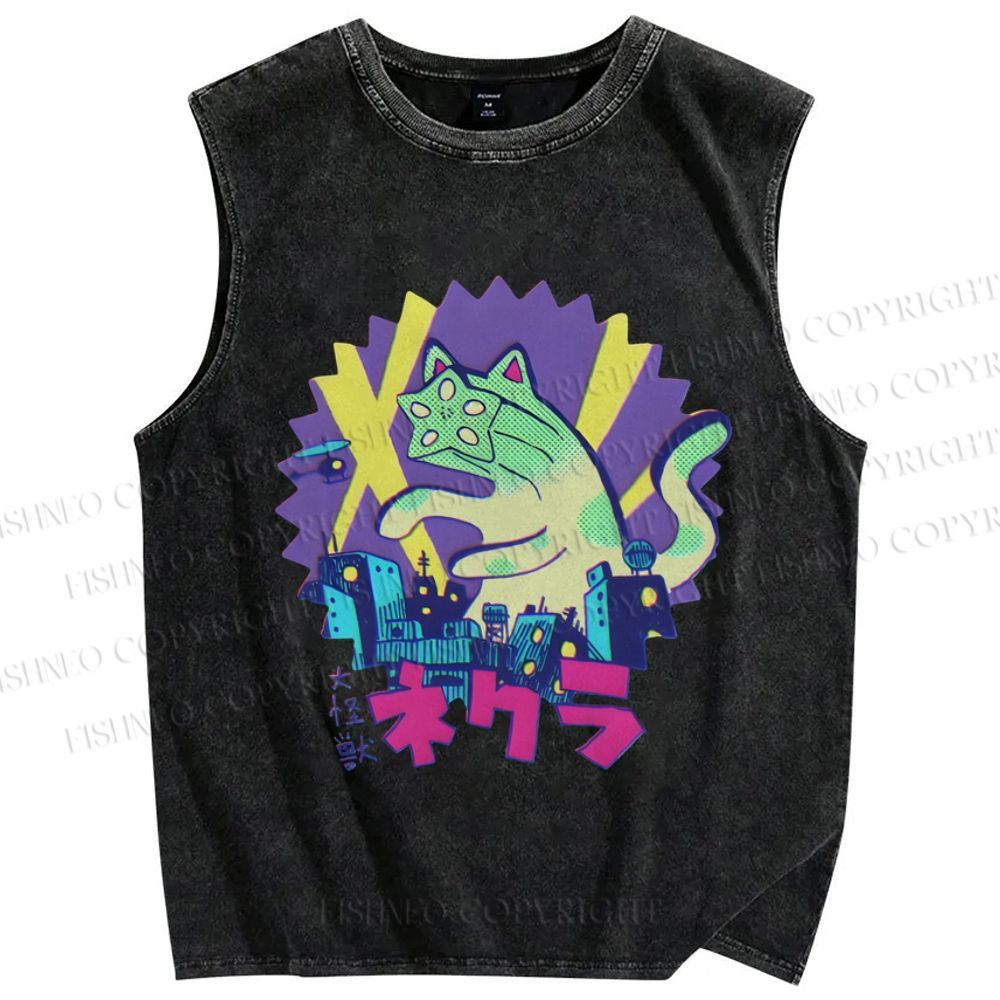 Unisex Funny Catzilla Printed Washed Tank Top