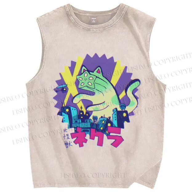 Unisex Funny Catzilla Printed Washed Tank Top