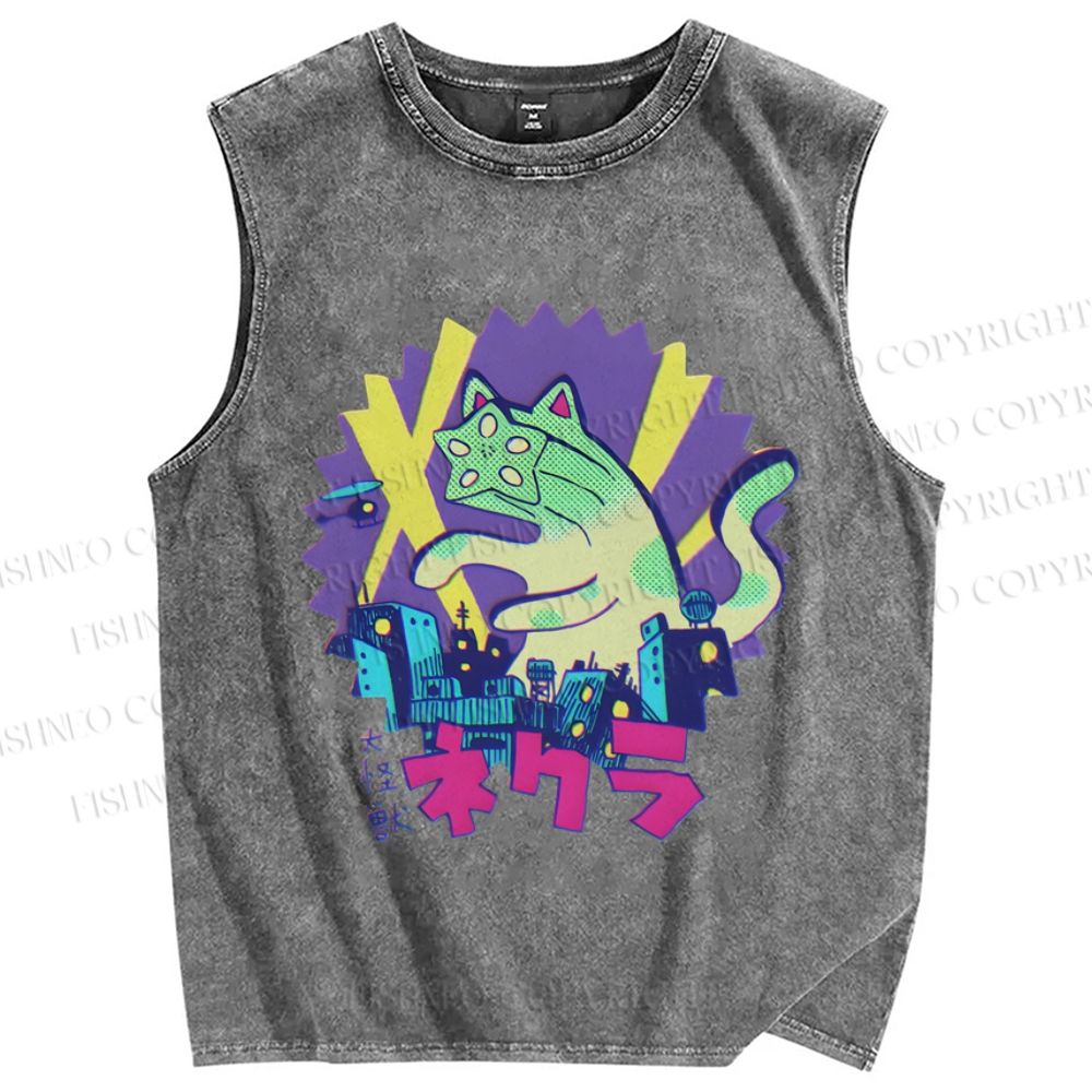 Unisex Funny Catzilla Printed Washed Tank Top