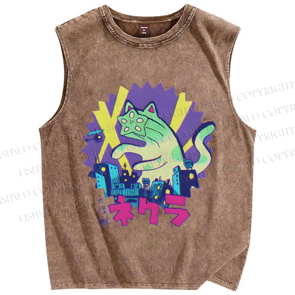 Unisex Funny Catzilla Printed Washed Tank Top