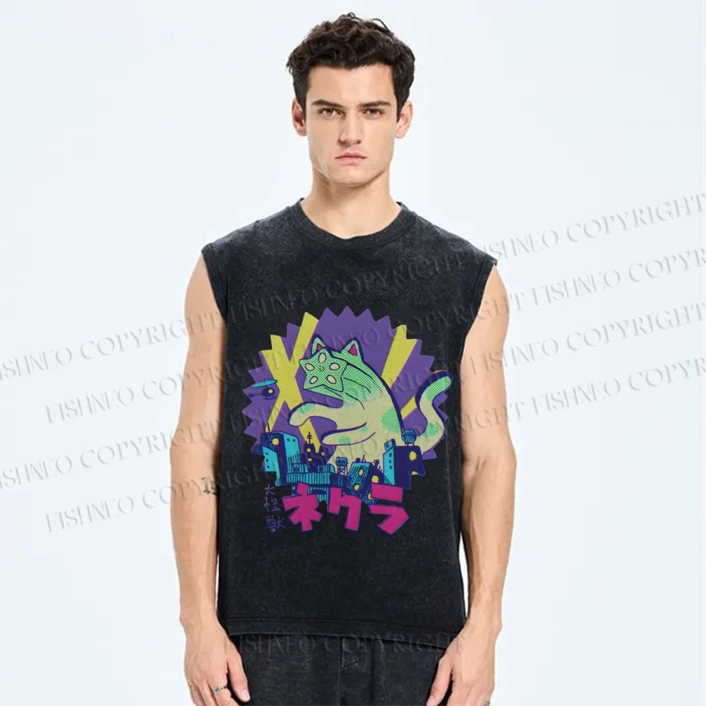 Unisex Funny Catzilla Printed Washed Tank Top