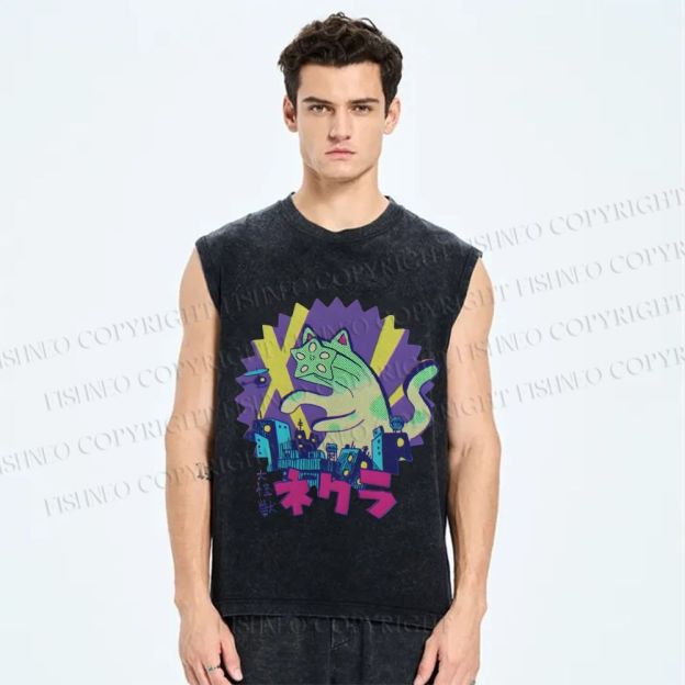 Unisex Funny Catzilla Printed Washed Tank Top