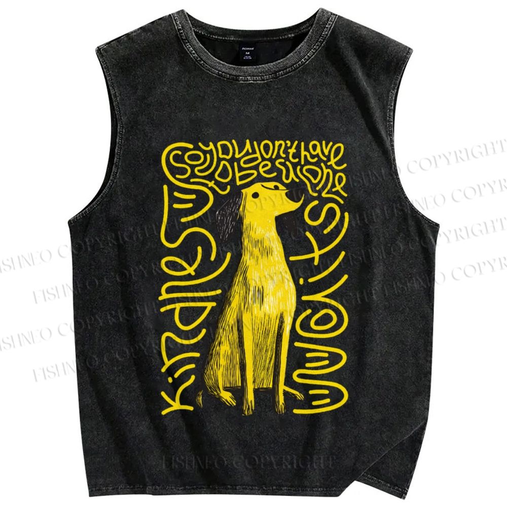 Unisex Yellow Dog With Line Printed Washed Tank Top