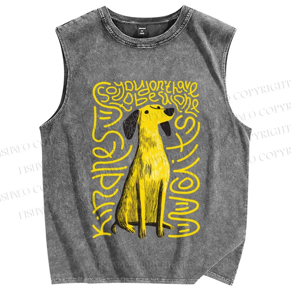 Unisex Yellow Dog With Line Printed Washed Tank Top