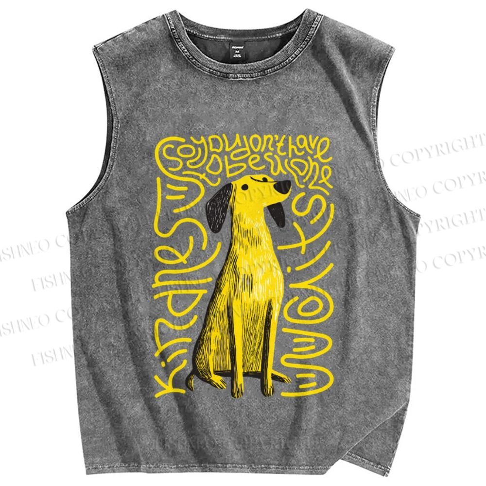 Unisex Yellow Dog With Line Printed Washed Tank Top