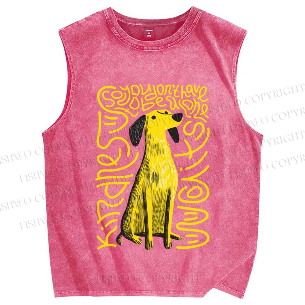 Unisex Yellow Dog With Line Printed Washed Tank Top