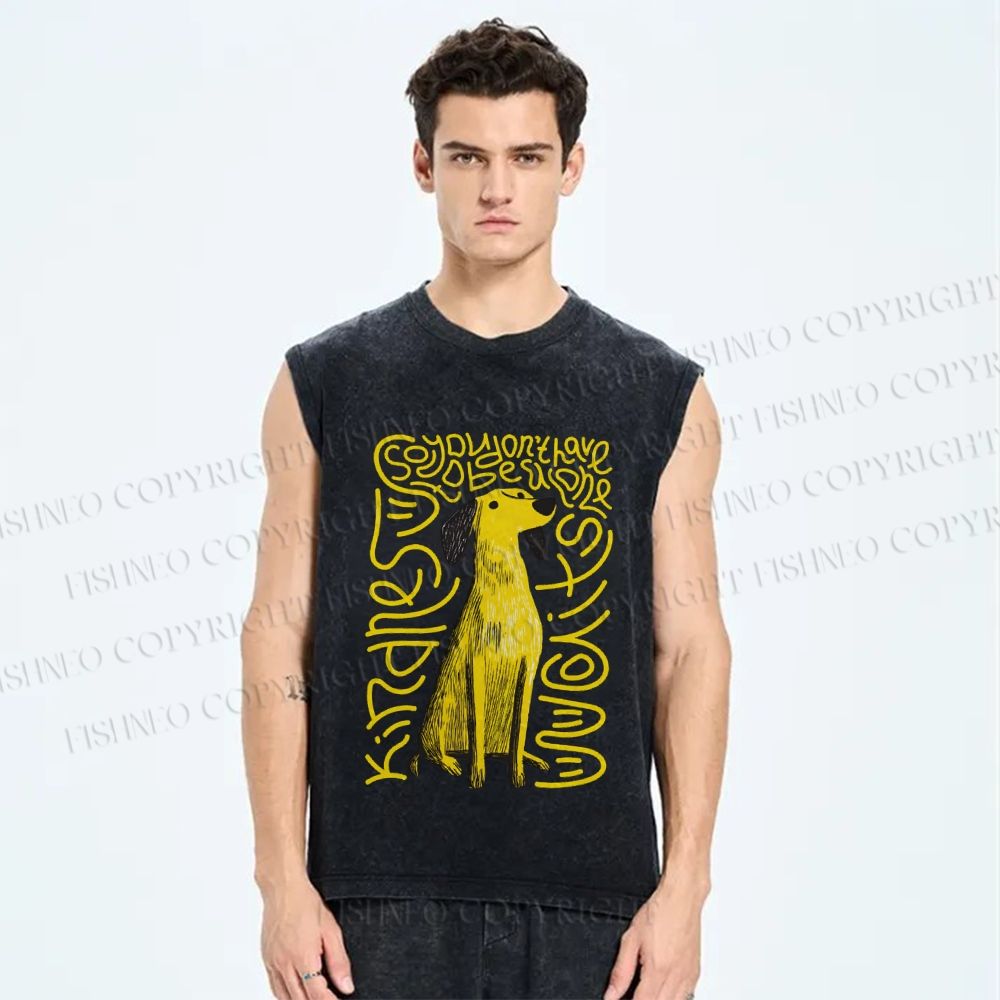 Unisex Yellow Dog With Line Printed Washed Tank Top
