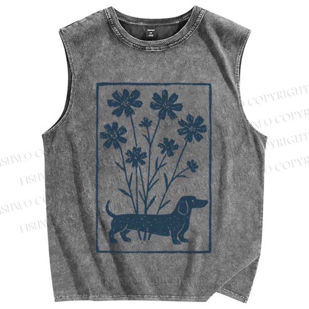 Unisex Dachshund With Flowers Printed Washed Tank Top