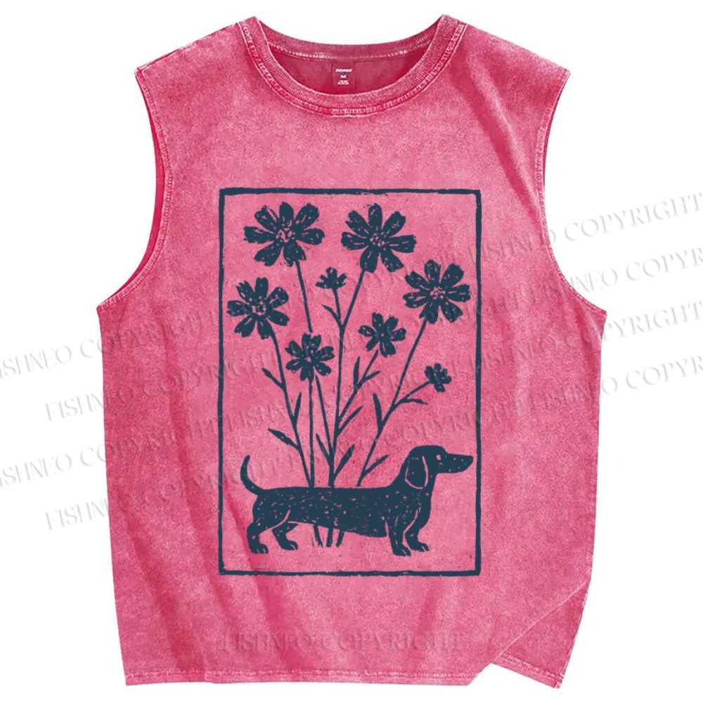 Unisex Dachshund With Flowers Printed Washed Tank Top