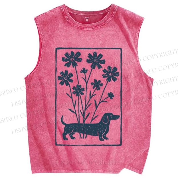 Unisex Dachshund With Flowers Printed Washed Tank Top