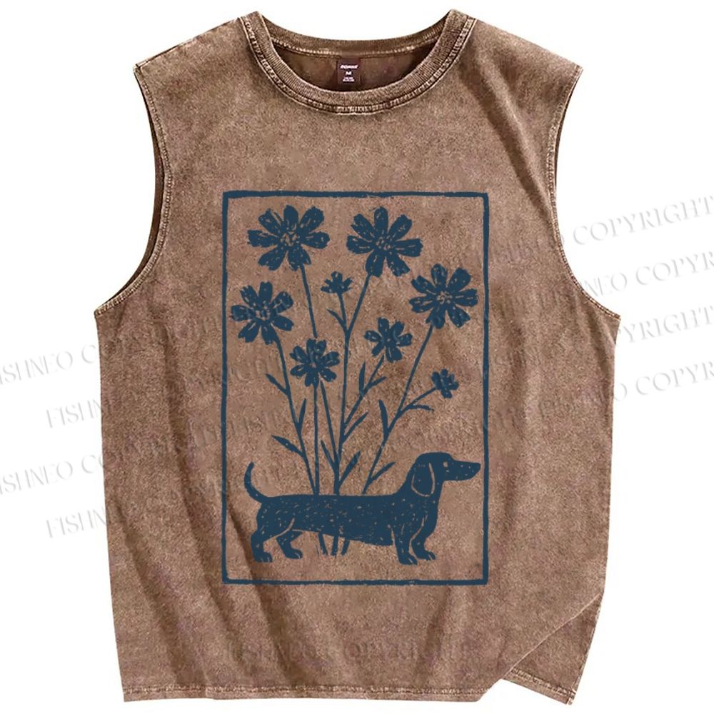 Unisex Dachshund With Flowers Printed Washed Tank Top