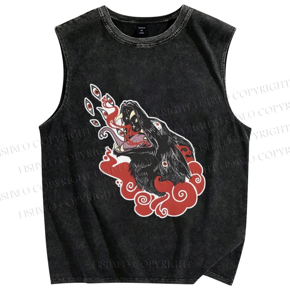 Unisex Wolf in Red Clouds Printed Washed Tank Top