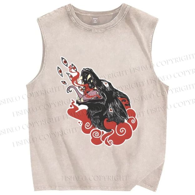Unisex Wolf in Red Clouds Printed Washed Tank Top