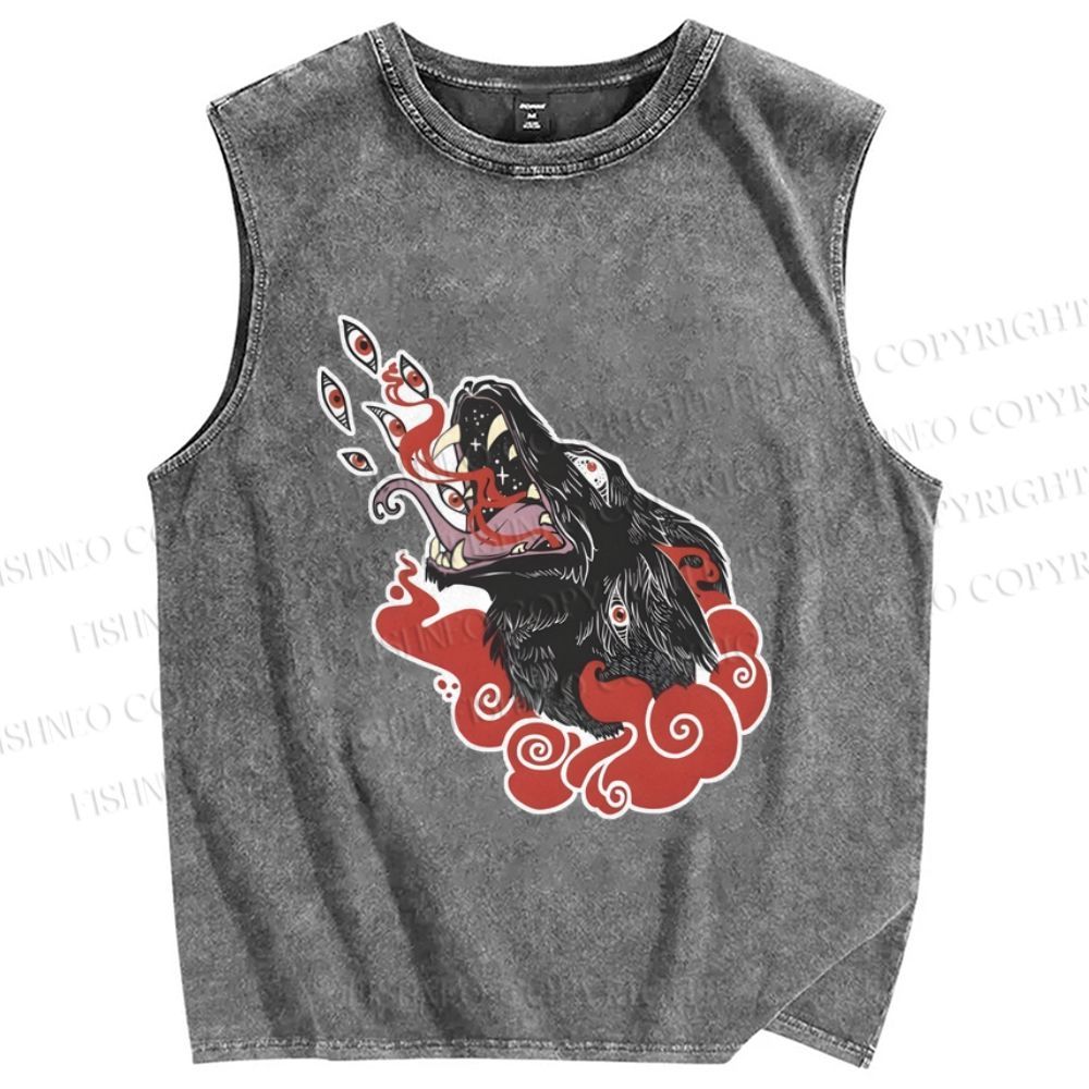 Unisex Wolf in Red Clouds Printed Washed Tank Top