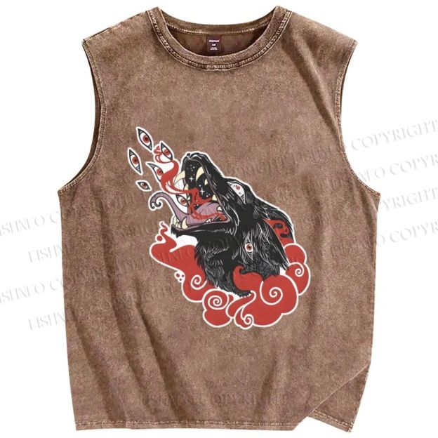 Unisex Wolf in Red Clouds Printed Washed Tank Top