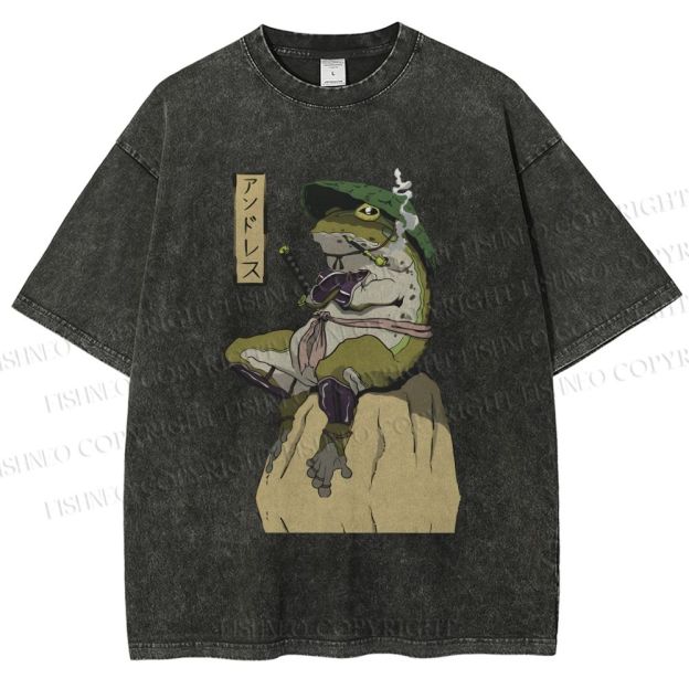 Unisex Samurai Frog Printed Washed Tee