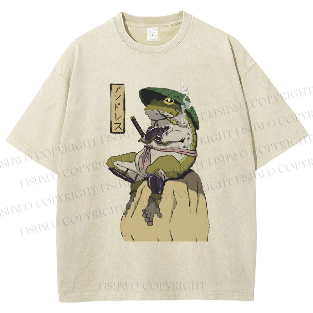 Unisex Samurai Frog Printed Washed Tee
