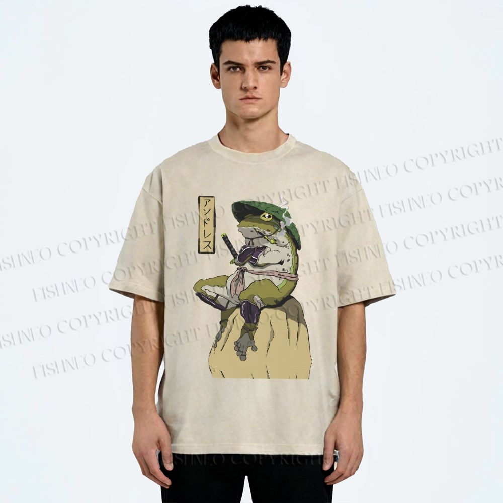 Unisex Samurai Frog Printed Washed Tee