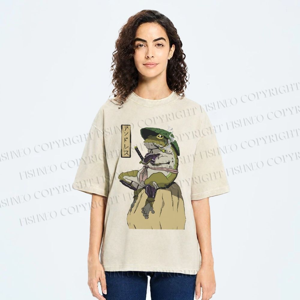 Unisex Samurai Frog Printed Washed Tee