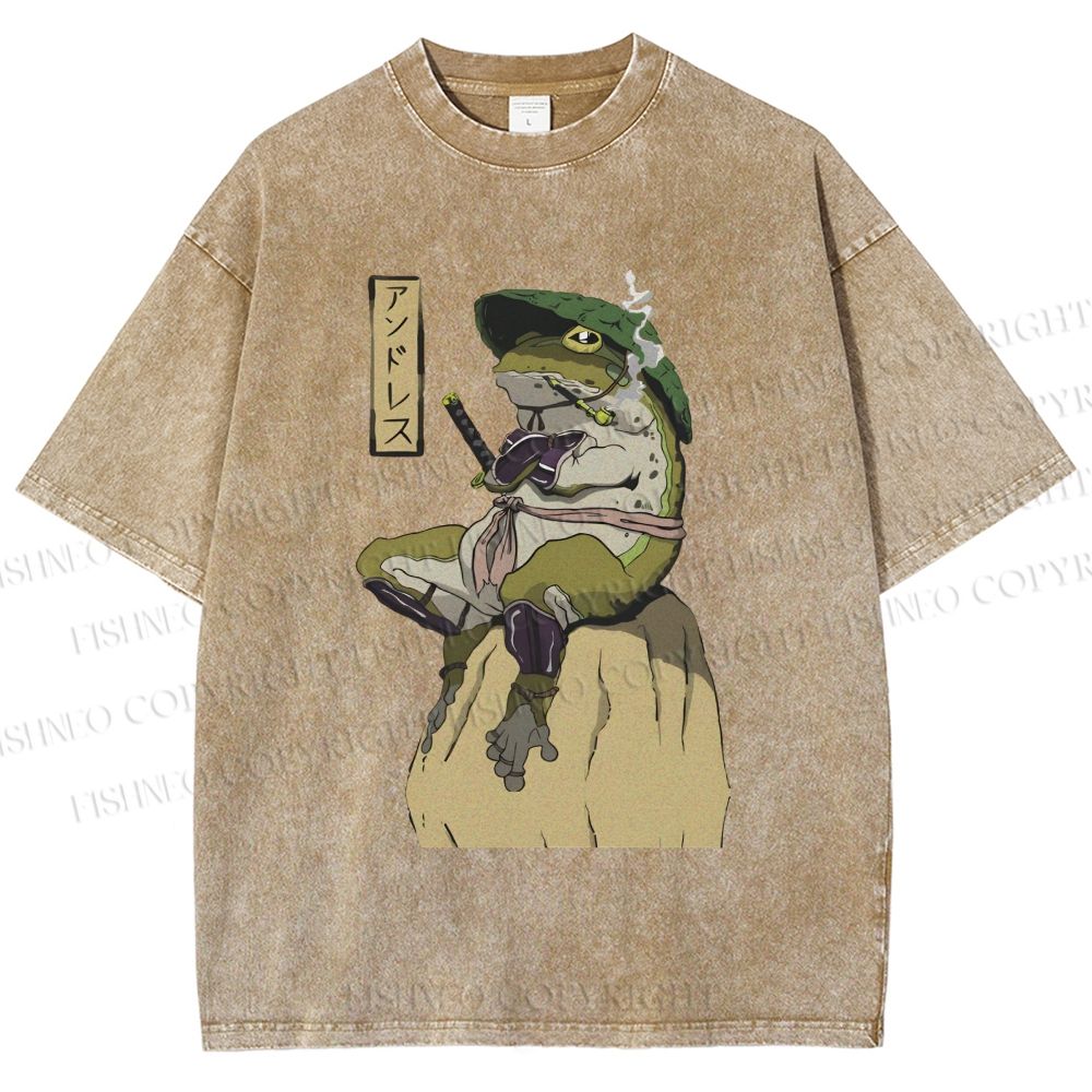 Unisex Samurai Frog Printed Washed Tee