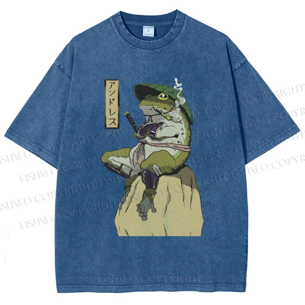 Unisex Samurai Frog Printed Washed Tee