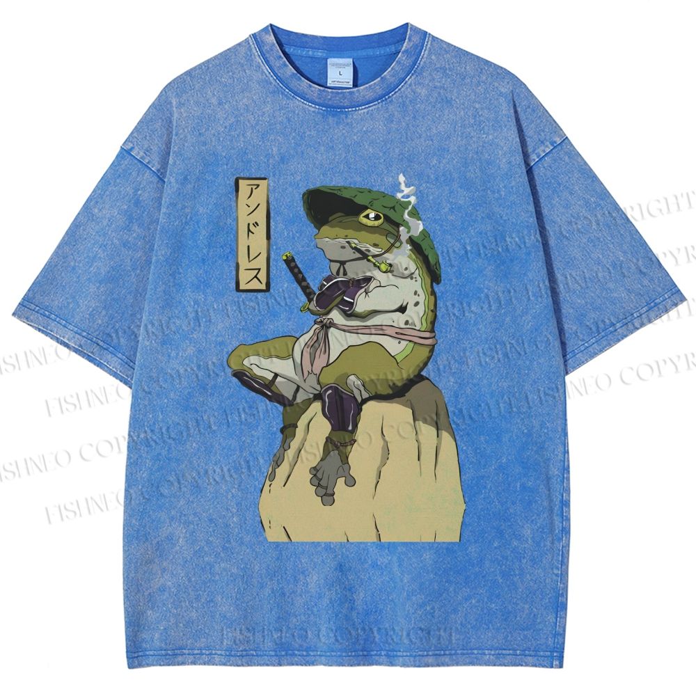 Unisex Samurai Frog Printed Washed Tee