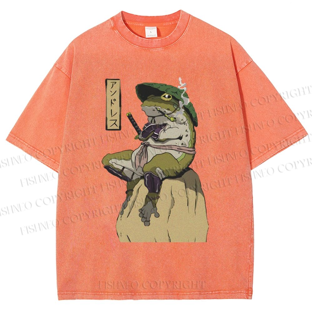 Unisex Samurai Frog Printed Washed Tee