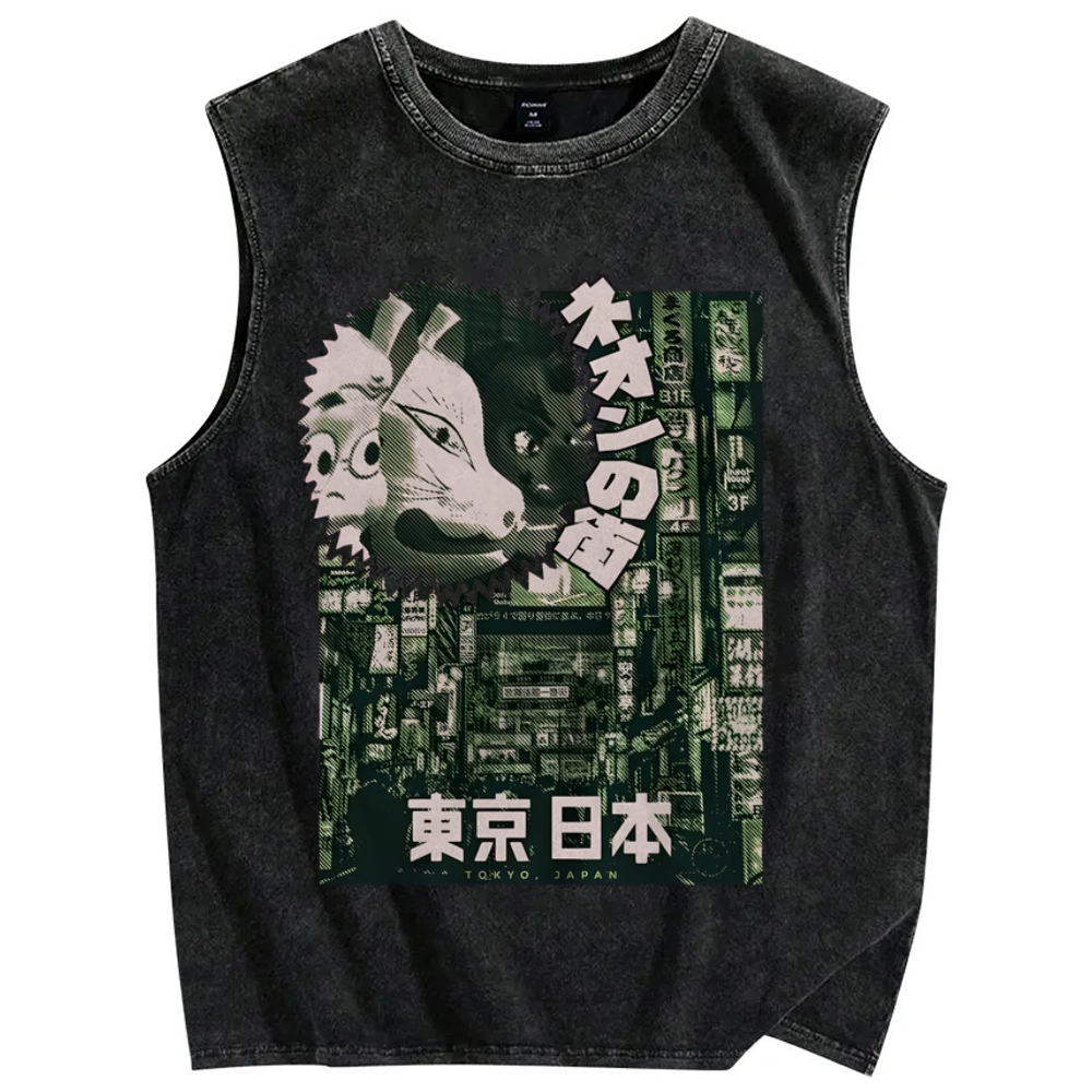 Neon city Tokyo Vintage Distressed Washed Tank Top