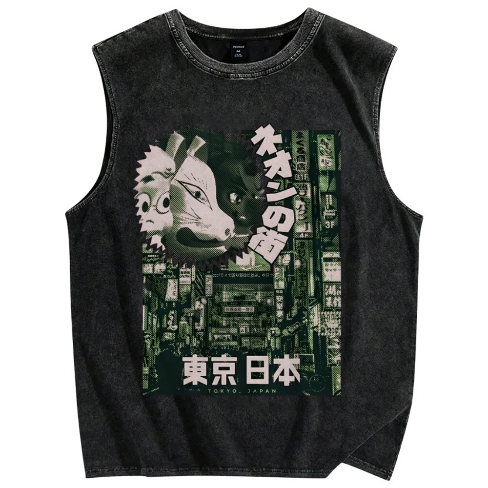 Neon city Tokyo Vintage Distressed Washed Tank Top
