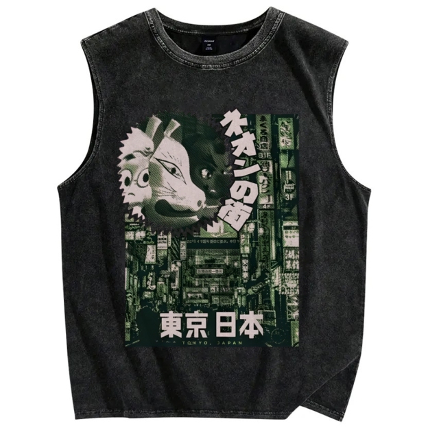 Neon city Tokyo Vintage Distressed Washed Tank Top